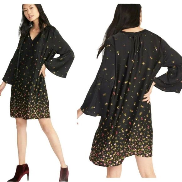 OLD NAVY Long Bell Sleeves Shift Dress Size L Multicolor Floral Satin Tie Neck - Picture 1 of 10